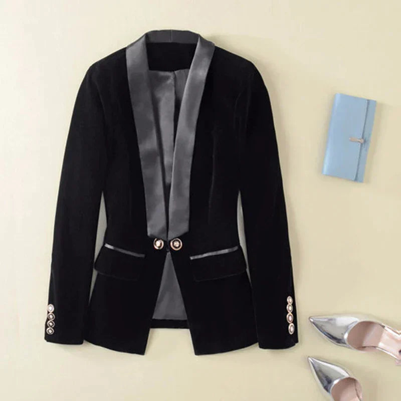 Dam Blazer i Sammet med Satin Detaljer – Klassisk Passform, Långa ärmar, Elegant och Tidlös Design 7