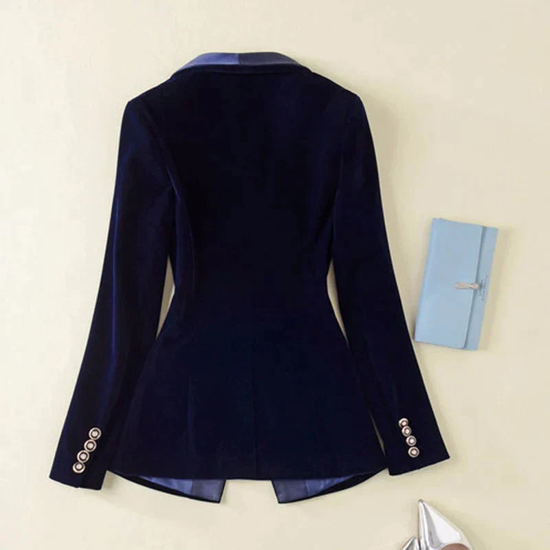 Dam Blazer i Sammet med Satin Detaljer – Klassisk Passform, Långa ärmar, Elegant och Tidlös Design 4