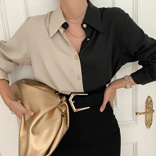Kvinnors LÄngÀrmad Blus TvÄfÀrgad Polyester Retro Stil-1