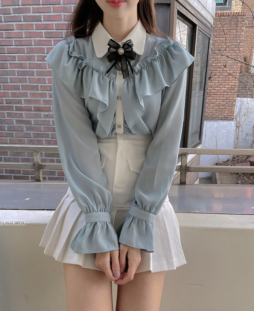 Vit Dam Blus Chiffon med Ruffle Detaljer 3