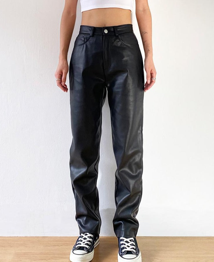 Snygga Byxor Dam Högskurna Syntetiskt Läder-4