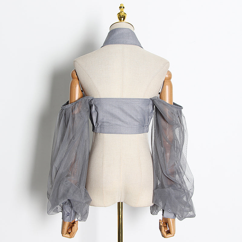 Dam Off-Shoulder Crop-Top med Lykta Ärmar i Bomull och Polyester-2