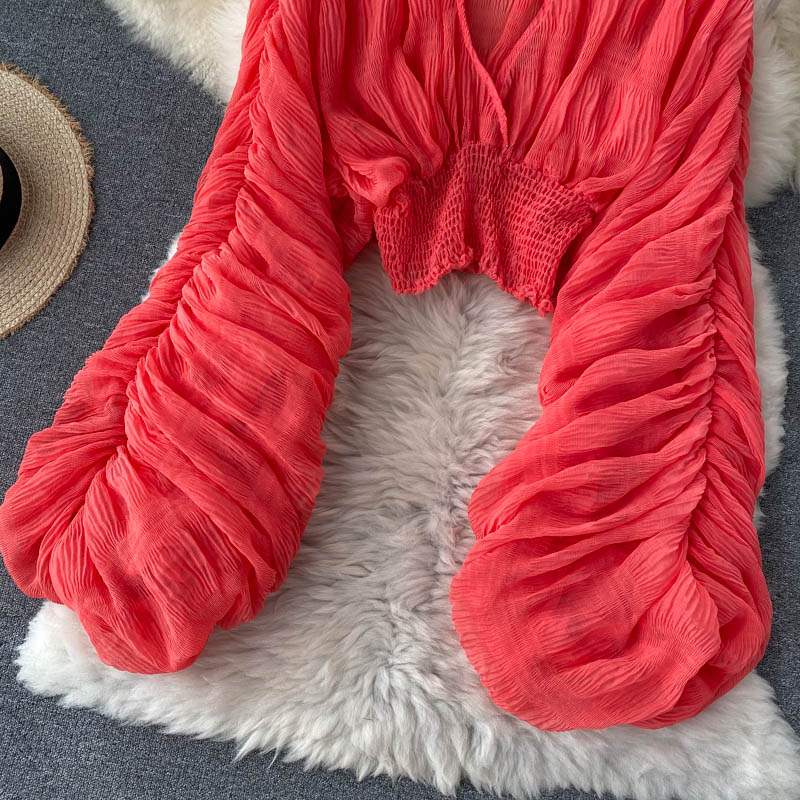 Dam Blus V-ringad Långärmad Polyester Med Puffärmar-2