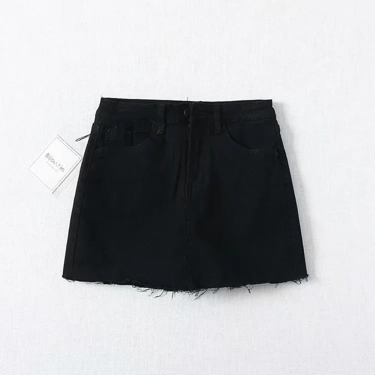 Dam Mini Skort Franjkant Denim Bomull-5