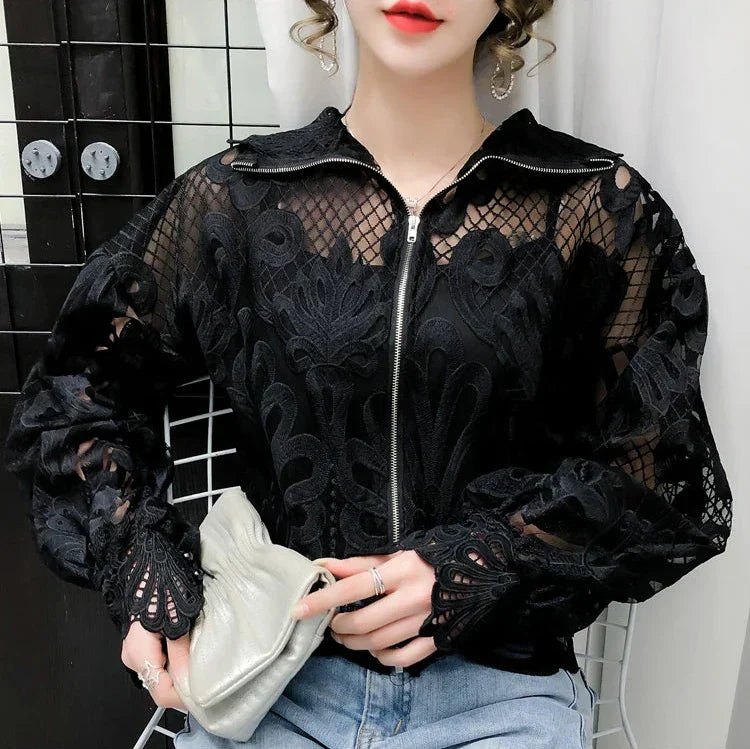 Dam Blus Kortärmad Spets Polyester-3