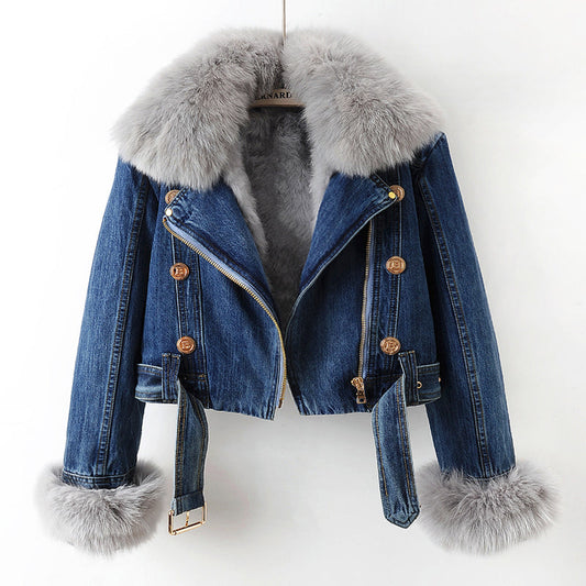 Dam Kappa Avtagbar Krage Denim med Tvättbjörnpäls-1