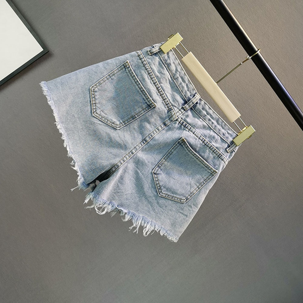 Dam Shorts Hög Midja Denim med Glittrande Detaljer och Fickor-5