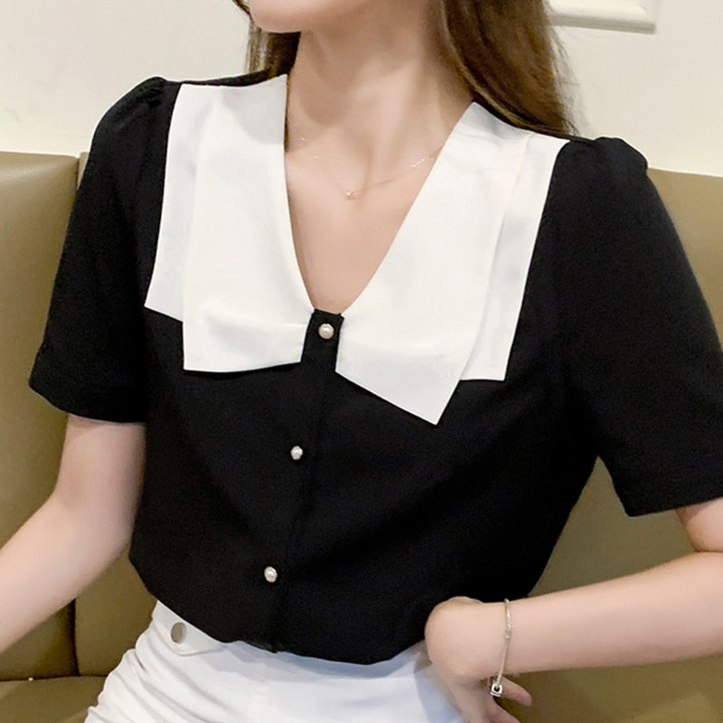 Variant image for Kvinnors Kortärmad Blus V-Hals Chiffon-1