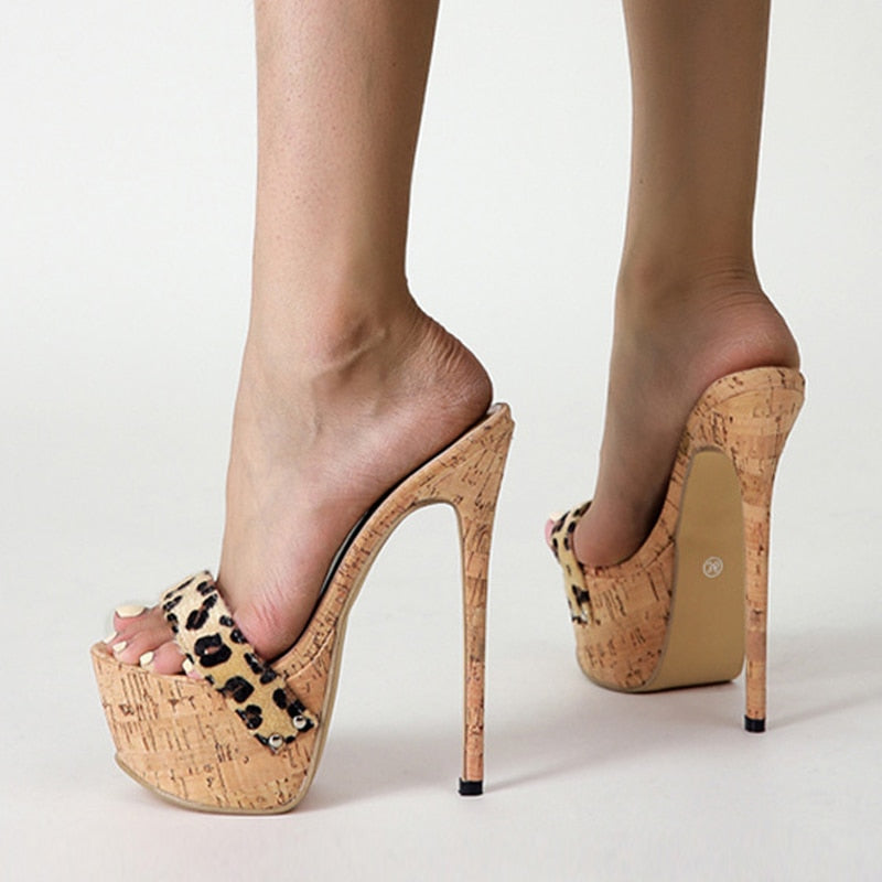 Dam Sandaler Pumps Leopardmönster PU-läder Hög Klack-3