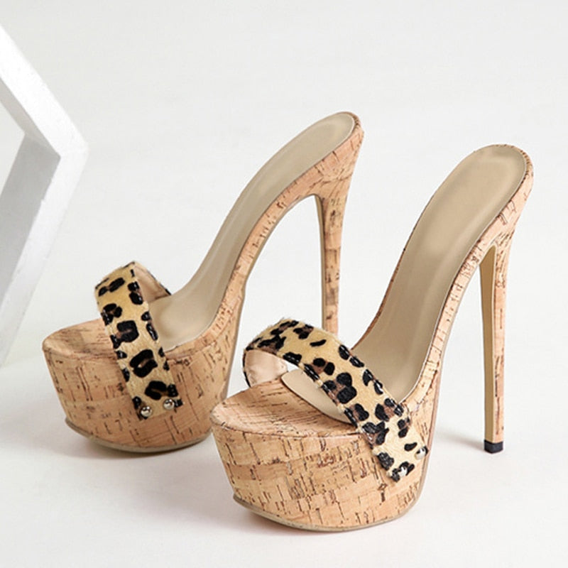 Dam Sandaler Pumps Leopardmönster PU-läder Hög Klack-1