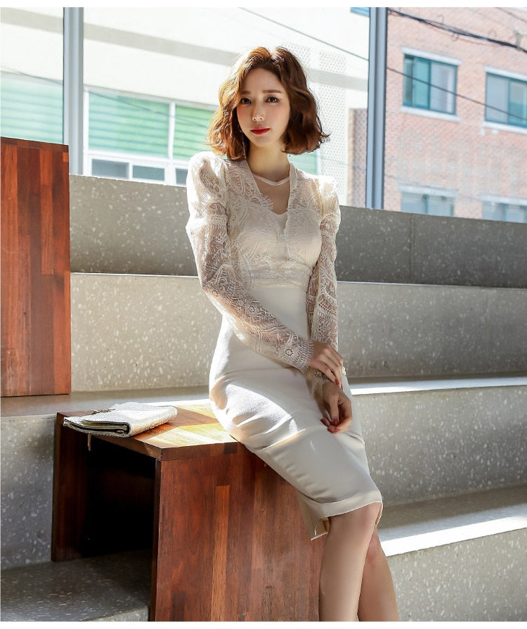 Dam Midi Klänning Monokrom Mesh Lång Ärmar Elegant Design-3