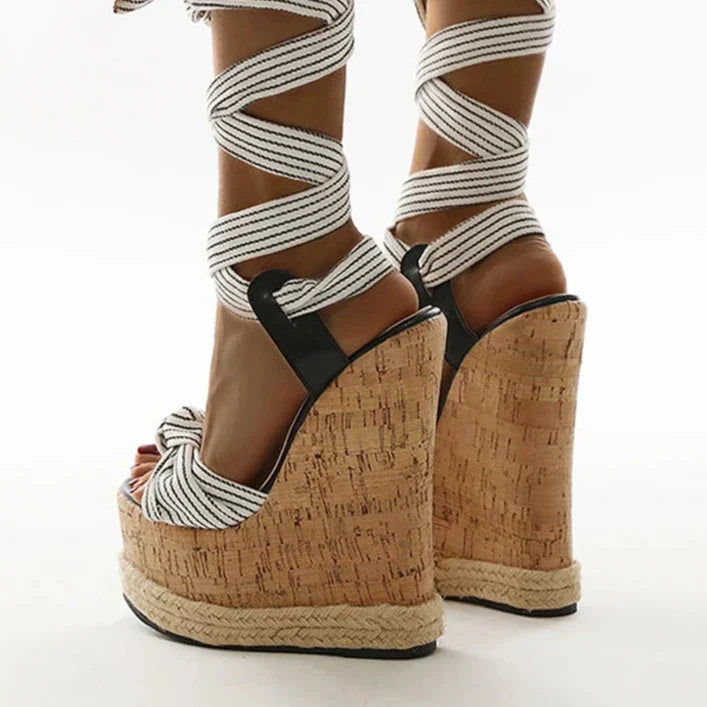 Dam Sandaler Öppen Tå med Ankelrem Kilklack Elastiskt Material-5