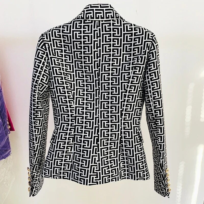 Dam Blazer Geometriskt Mönster Polyester med Regelbundna Ärmar och Dubbelradig Stängning-5