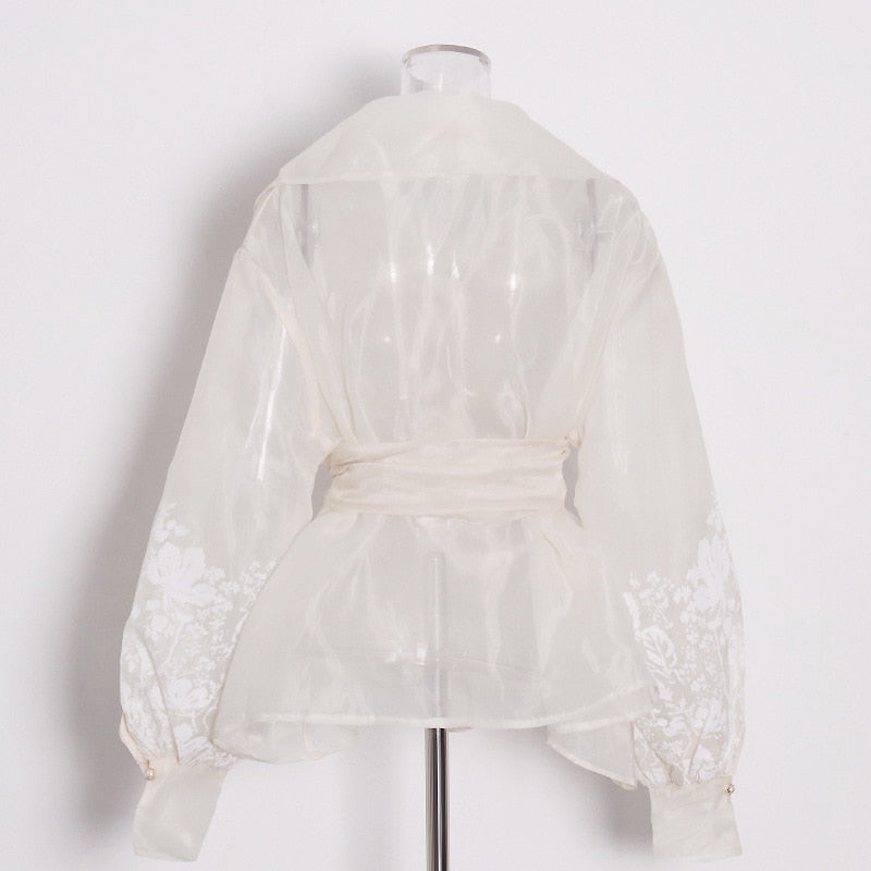 Vit Blus Dam med Blommönster och Lykta Ärmar i Polyester-3
