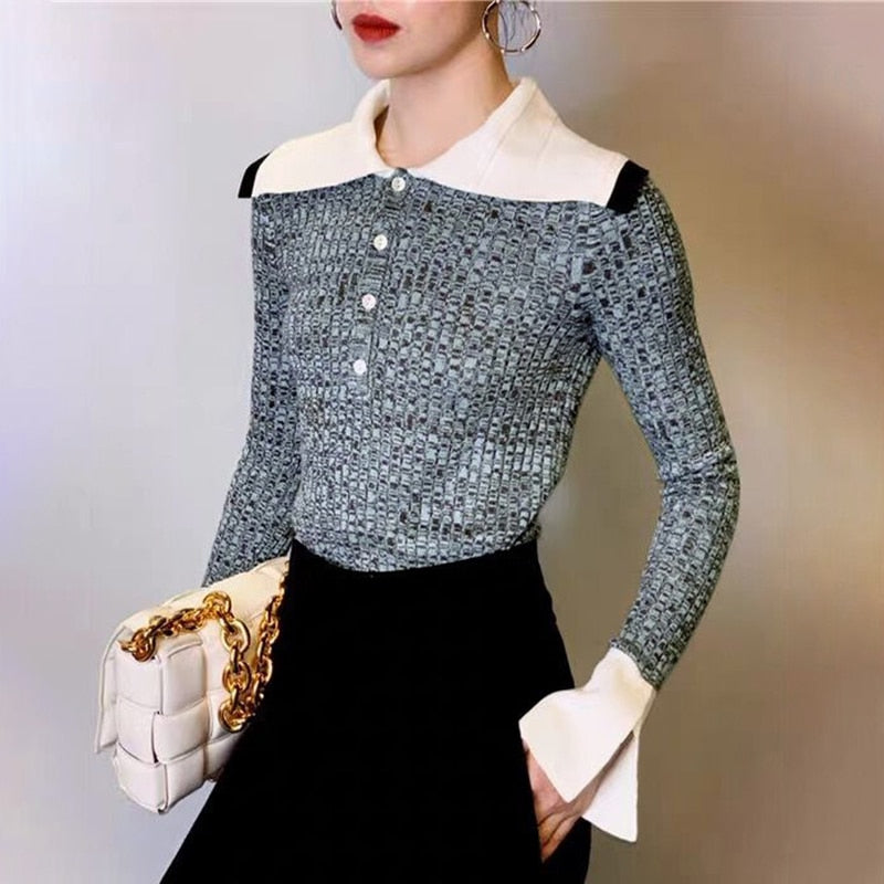 Dam Blus Geometrisk Stil Klockhylsor Bomullsblandning-2