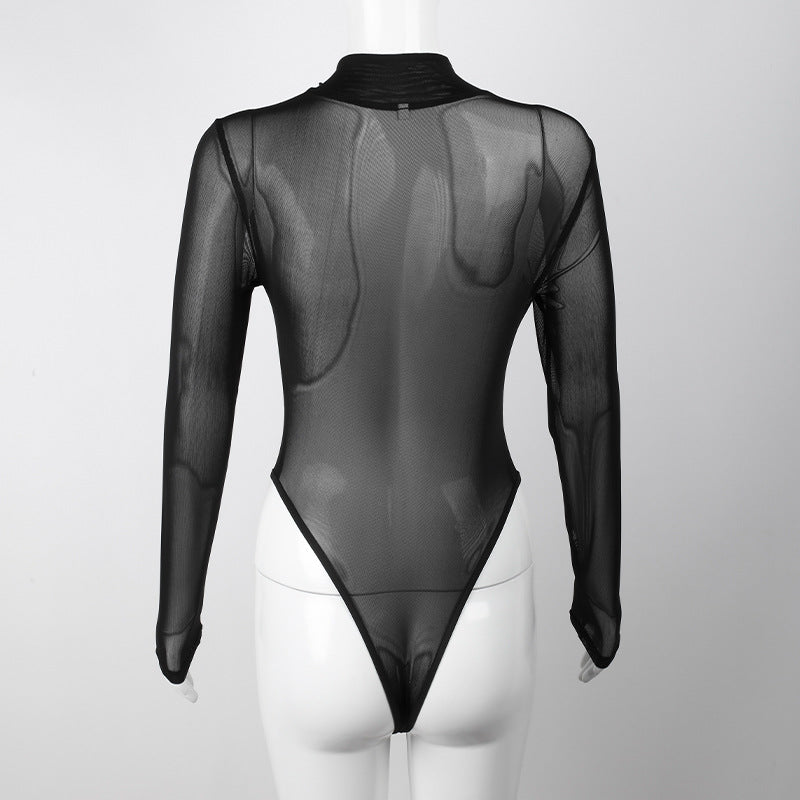 Bodysuit Dam Transparent Långärmad Spandex med Dragkedja och Stativkrage-4