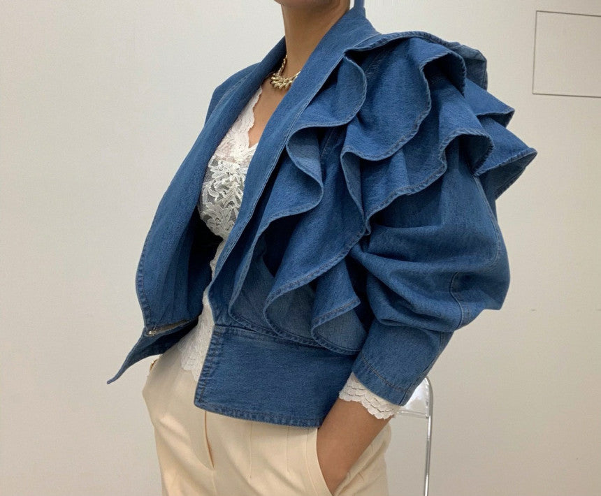 Dam Blazer Trendig Puffärmad Bomull med Ruffles-3