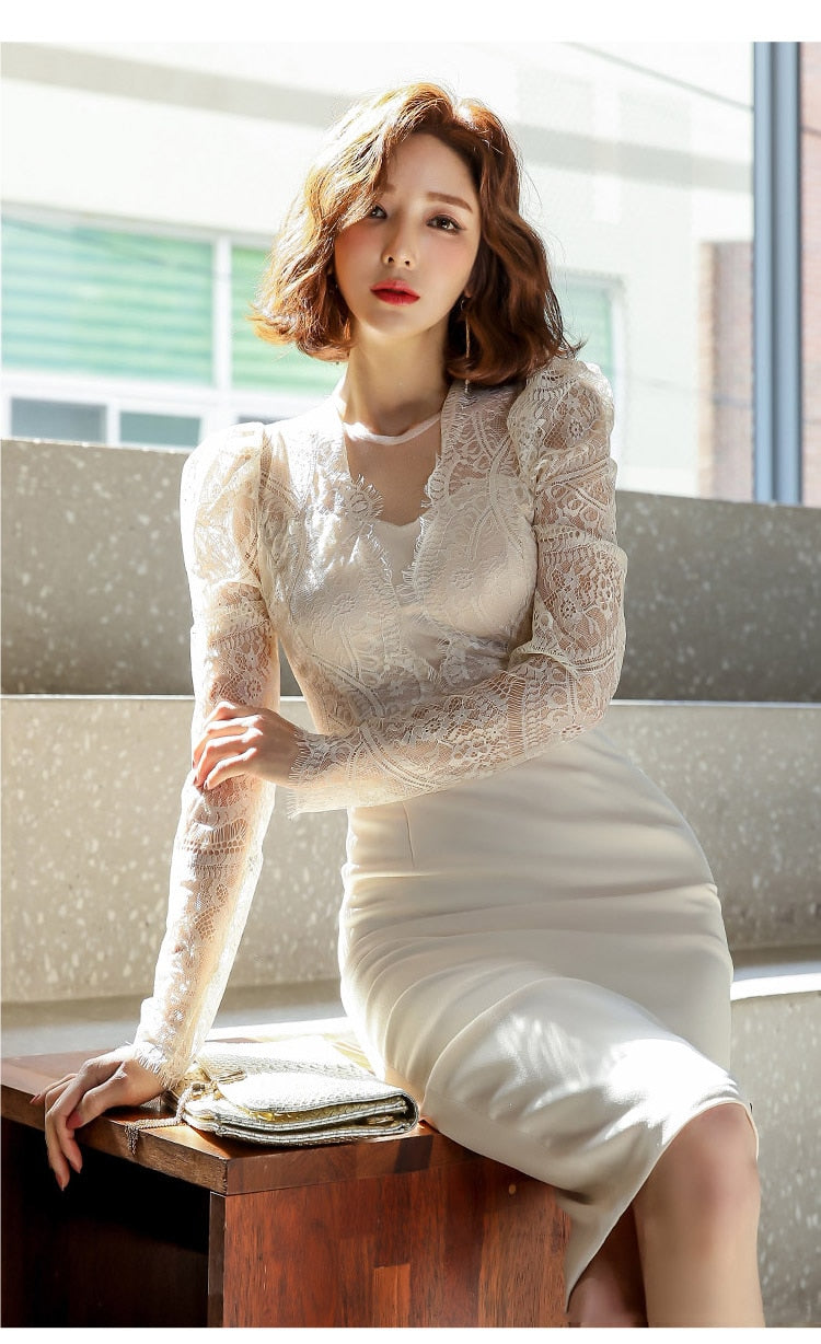 Dam Midi Klänning Monokrom Mesh Lång Ärmar Elegant Design-2