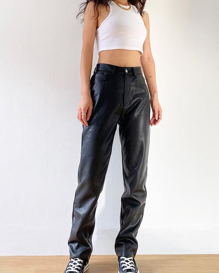 Snygga Byxor Dam Högskurna Syntetiskt Läder-5