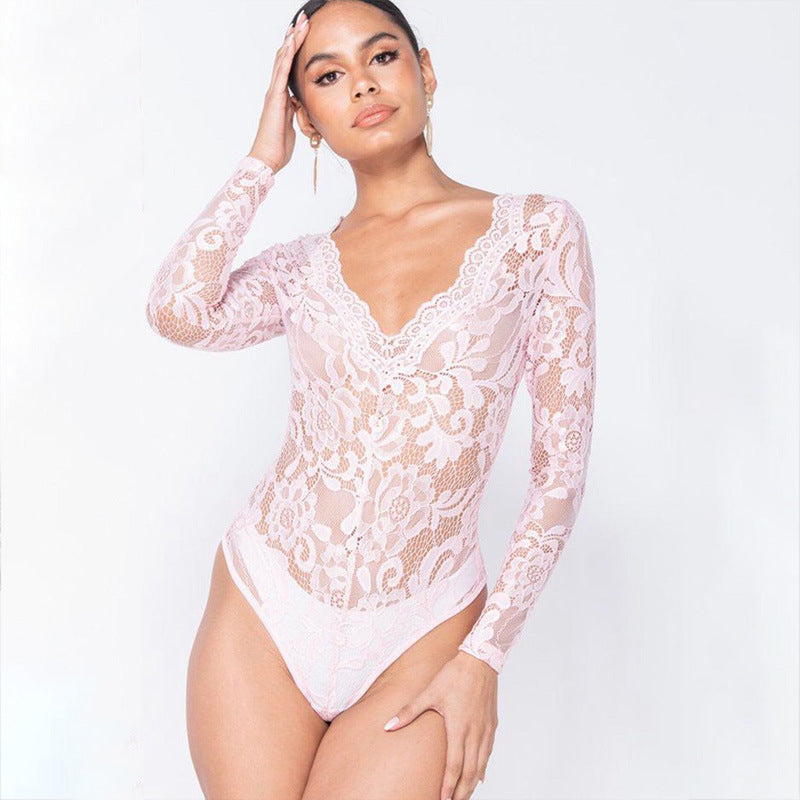 Dam Bodysuit Långärmad Blommönster V-hals Polyester-4