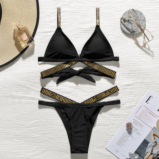 Dam Bikiniset Monokrom med Guldremsa Polyester Stretch Spandex-1