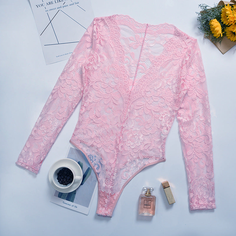 Dam Bodysuit Långärmad Blommönster V-hals Polyester-6