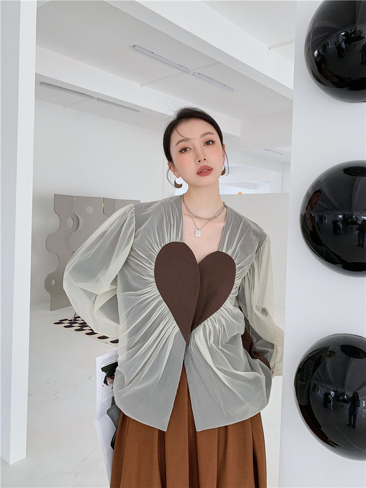 Dam Blazer V-ringning Polyester Hjärtmotiv Urban Stil-4