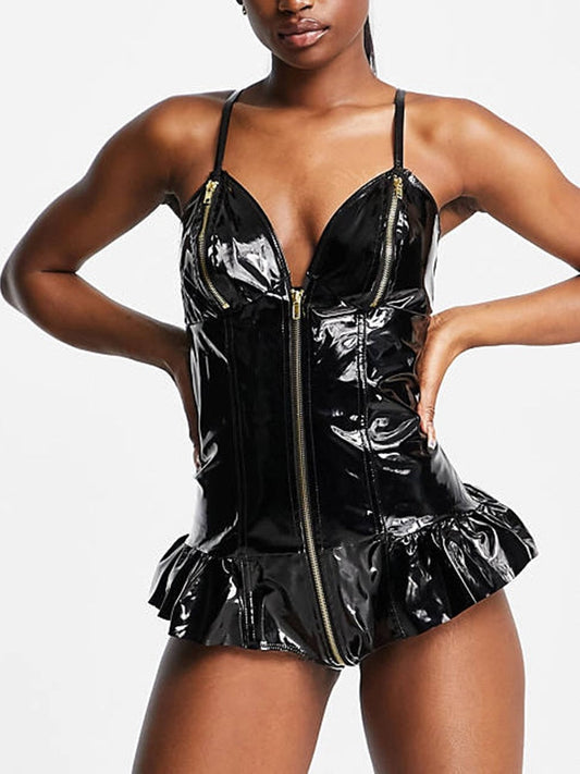Dam Bodysuit Ărmös PU-LĂ€der Spaghetti Band med Ruffles-1