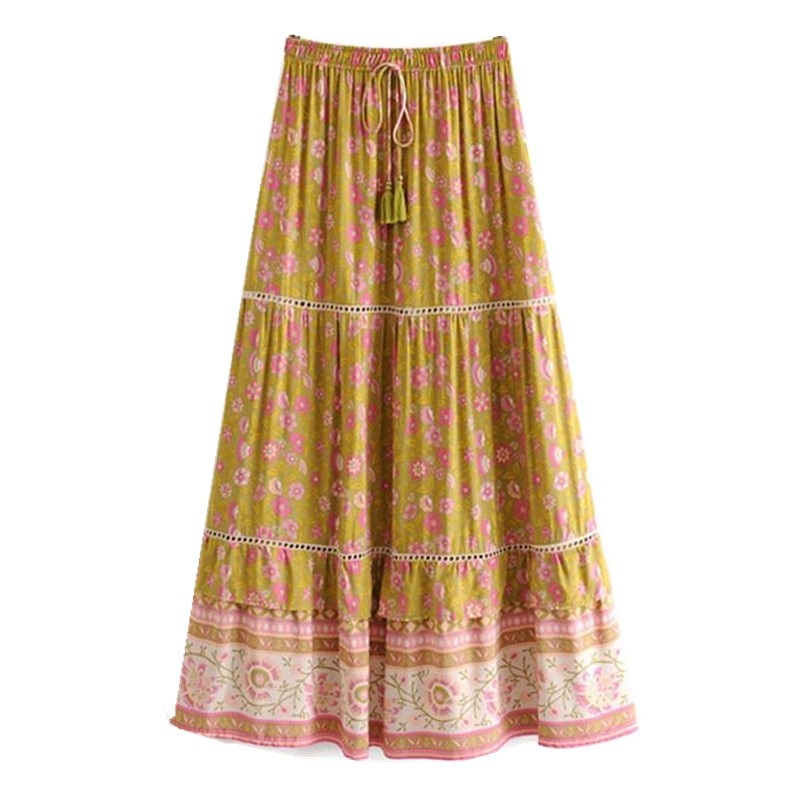 Dam Blommig Tvådelad Set Skördetopp och Maxirock Polyester Sommarkläder-5