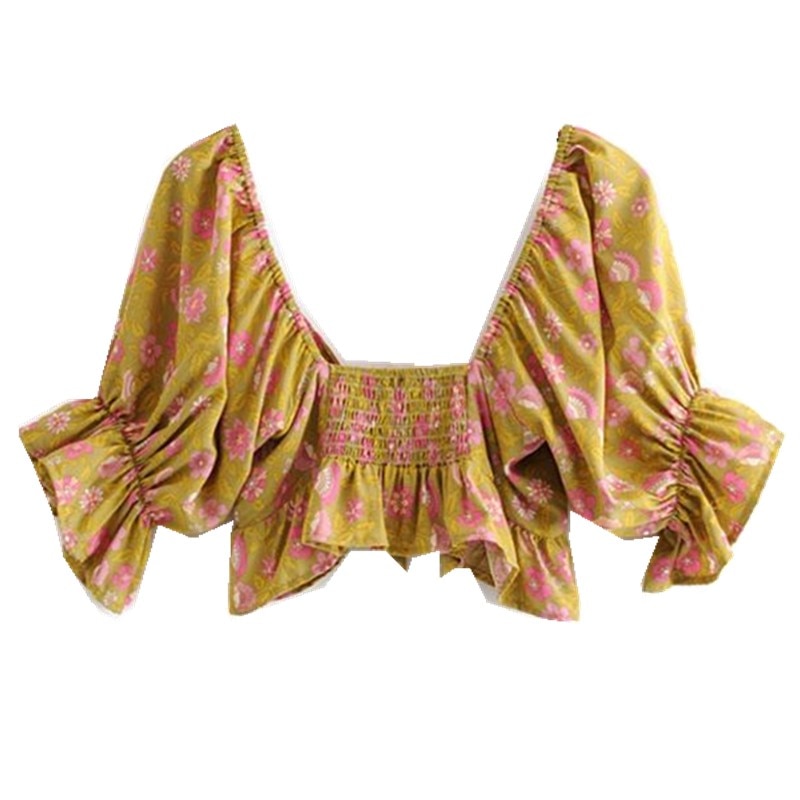 Dam Blommig Tvådelad Set Skördetopp och Maxirock Polyester Sommarkläder-4