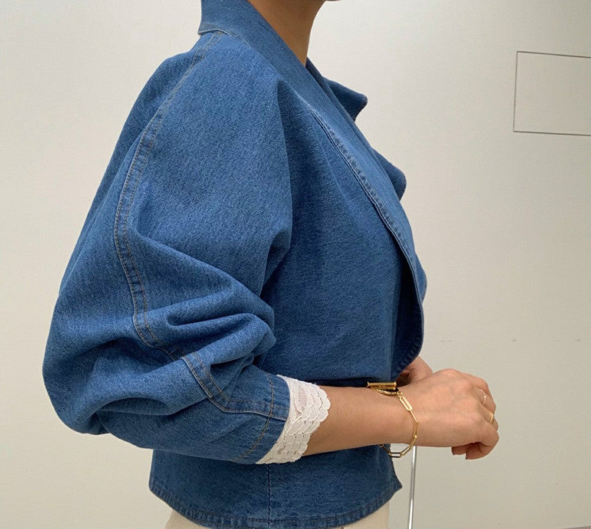 Dam Blazer Trendig Puffärmad Bomull med Ruffles-4