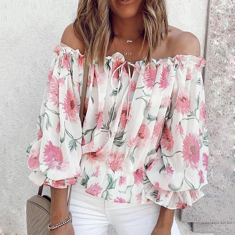 Kvinno Off-Shoulder Blommablus med Ruffles Lätt Tyg 9