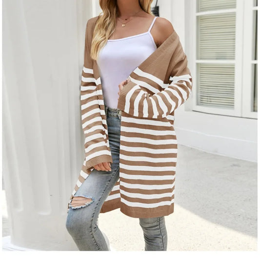 Dam Kofta Ăppen Front Randig Mjuk Stickad Kvalitet-1