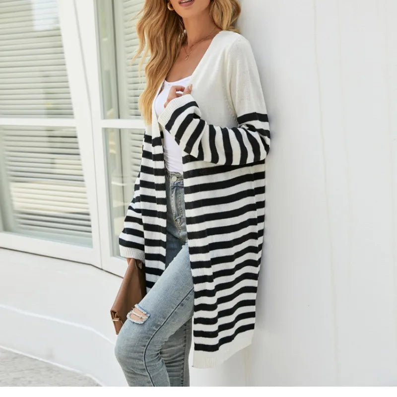 Dam Kofta Öppen Front Randig Mjuk Stickad Kvalitet-3