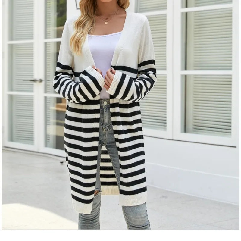 Dam Kofta Öppen Front Randig Mjuk Stickad Kvalitet-5