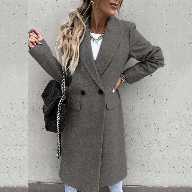 Dam Kappa Lång Elegant Ullmix med Krage-4