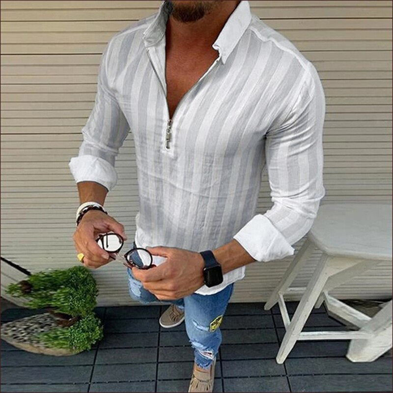 Herrskjorta Slim Fit Vertikala Ränder Bomullsblandning med Dragkedja 3