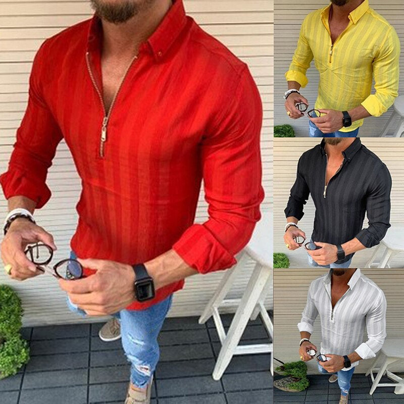 Herrskjorta Slim Fit Vertikala Ränder Bomullsblandning med Dragkedja 4