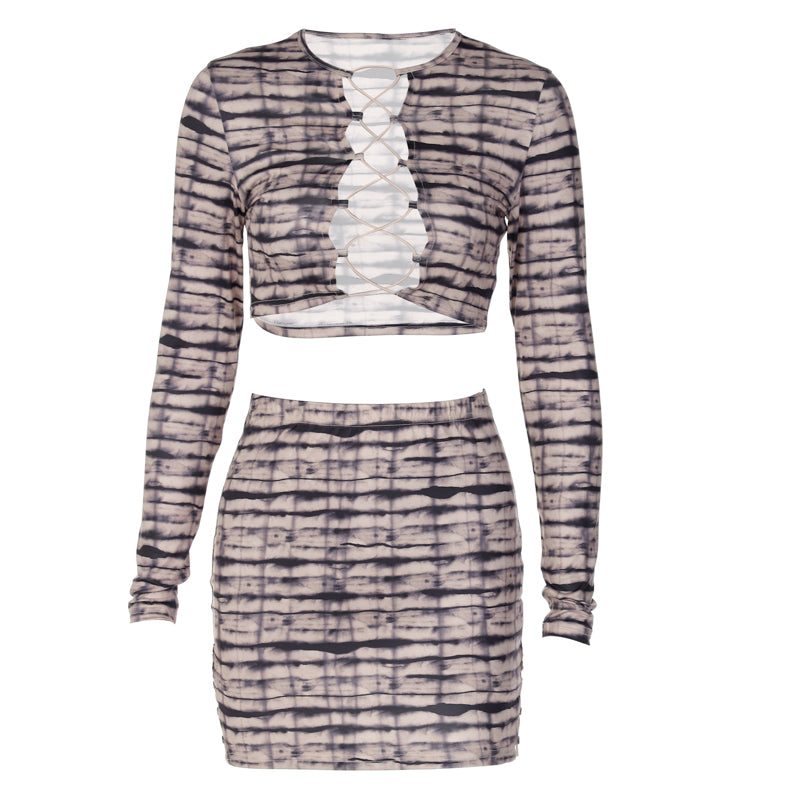 Kvinnors Set med Skördetopp och Minikjol i Spandex med Geometriskt Mönster – Perfekt för Fest och Avslappnade Tillfällen 5