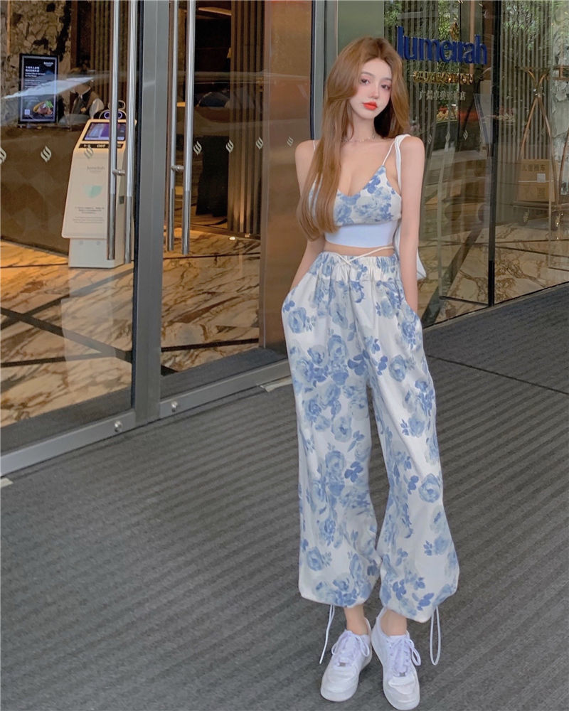 Dam Byxor Hög Midja Blommönster Polyester Sommarkläder-6