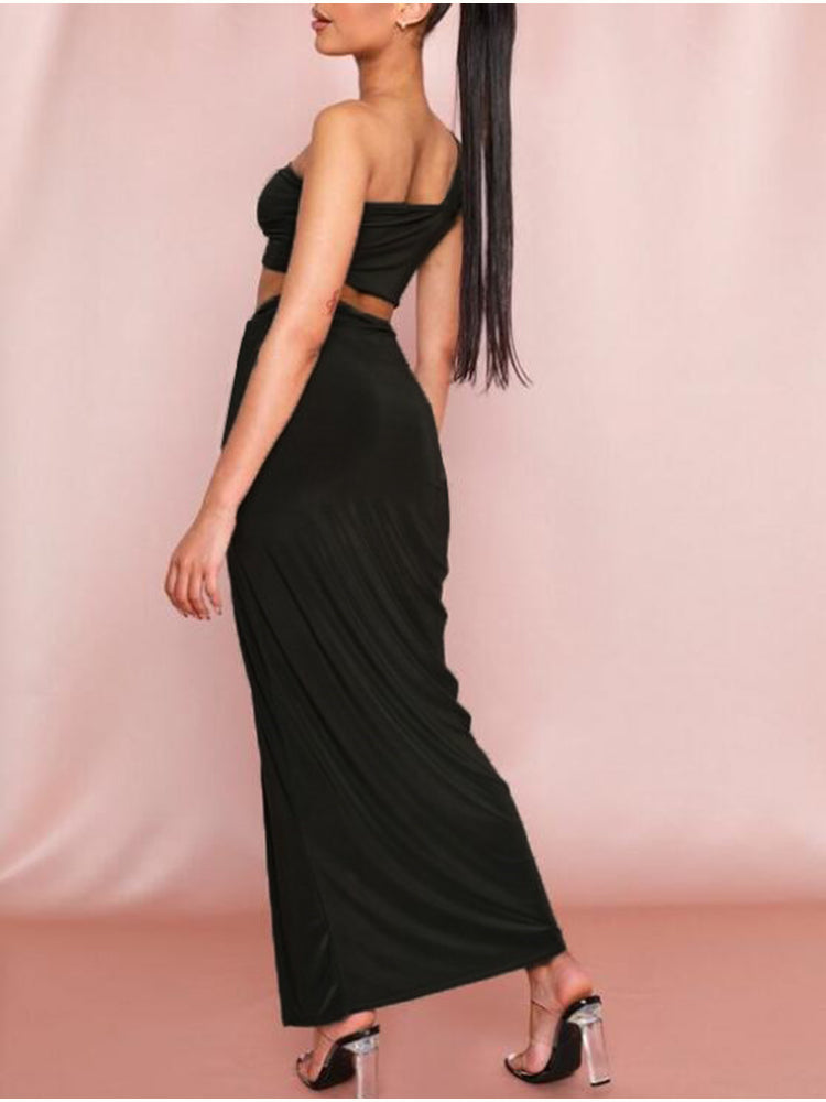 Matchande Set Dam Ärmlös Knutdesign Lång Slitskjol Polyester Spandex-5