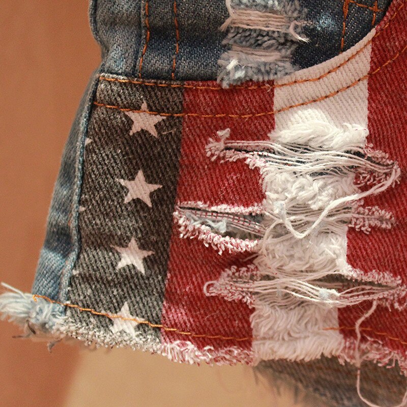 Damshorts Låg Midja Denim Amerikanskt Flaggmönster med Sprickdetaljer-3