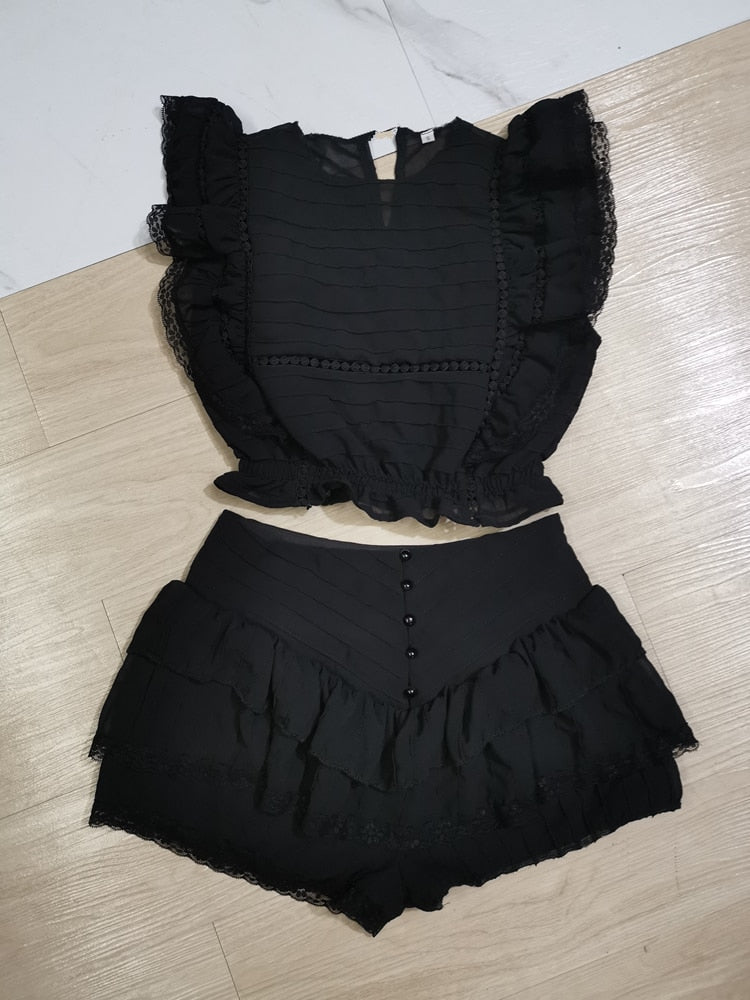 Dam Kort Set Veckad Topp Polyester Blommönster Shorts-3