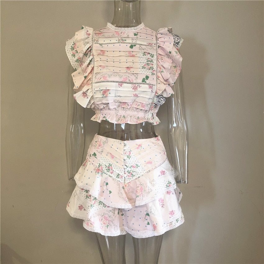 Dam Kort Set Veckad Topp Polyester Blommönster Shorts-2