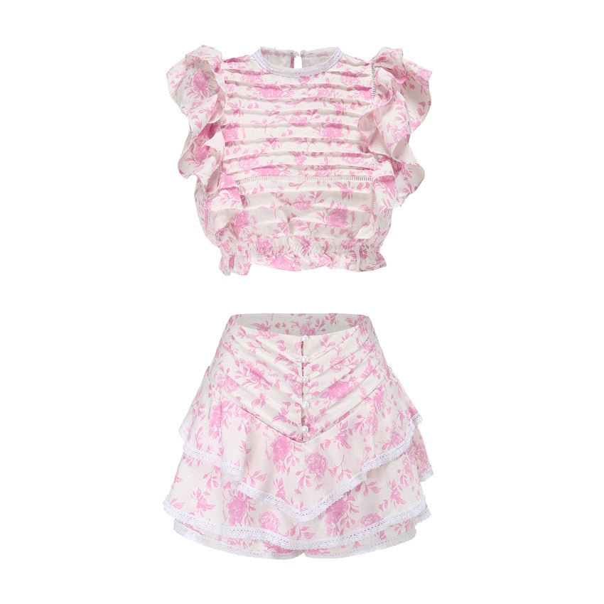Variant image for Dam Kort Set Veckad Topp Polyester Blommönster Shorts-3