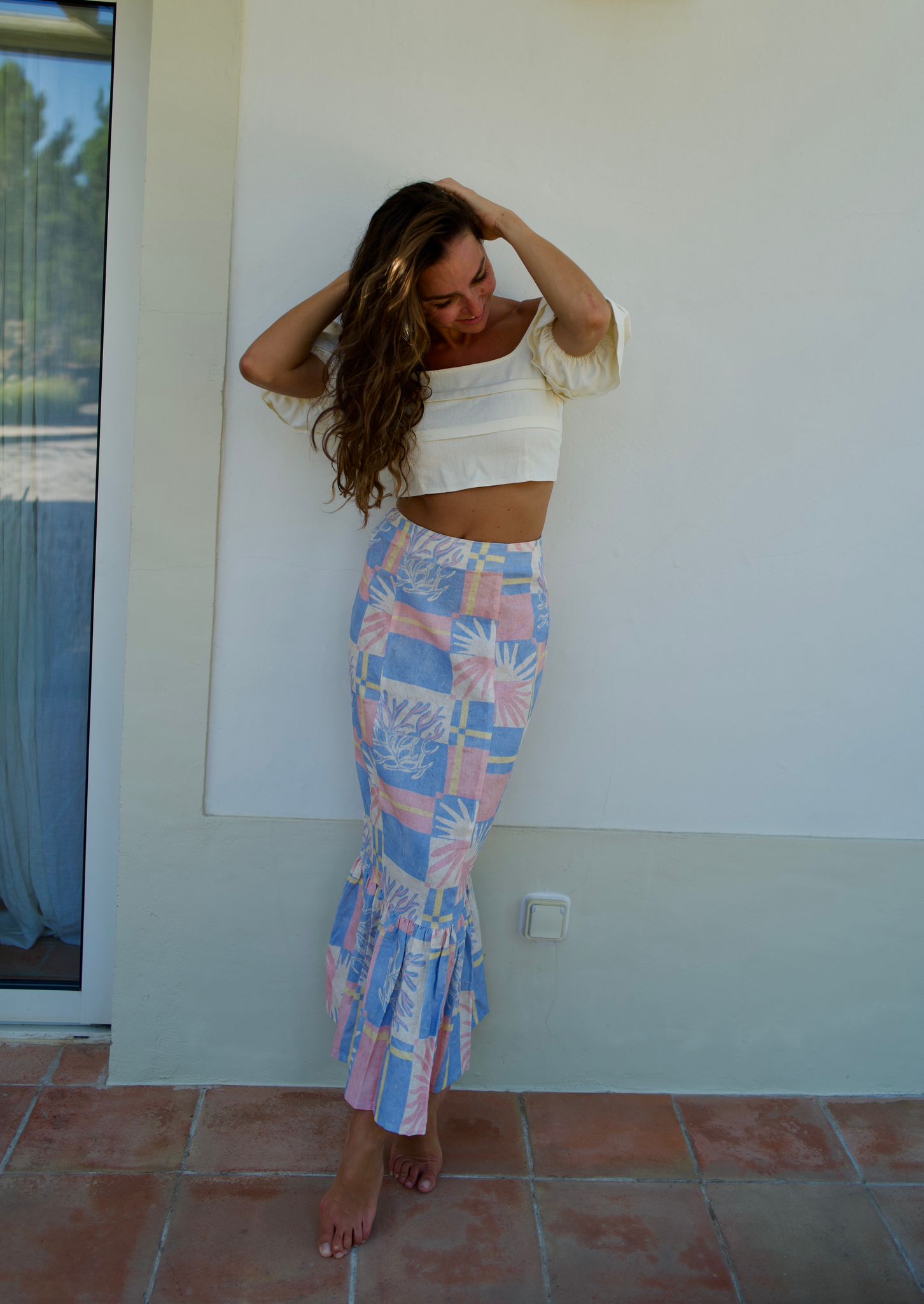 Kjol Dam Hög Midja Rynkad 100% Bomull-4