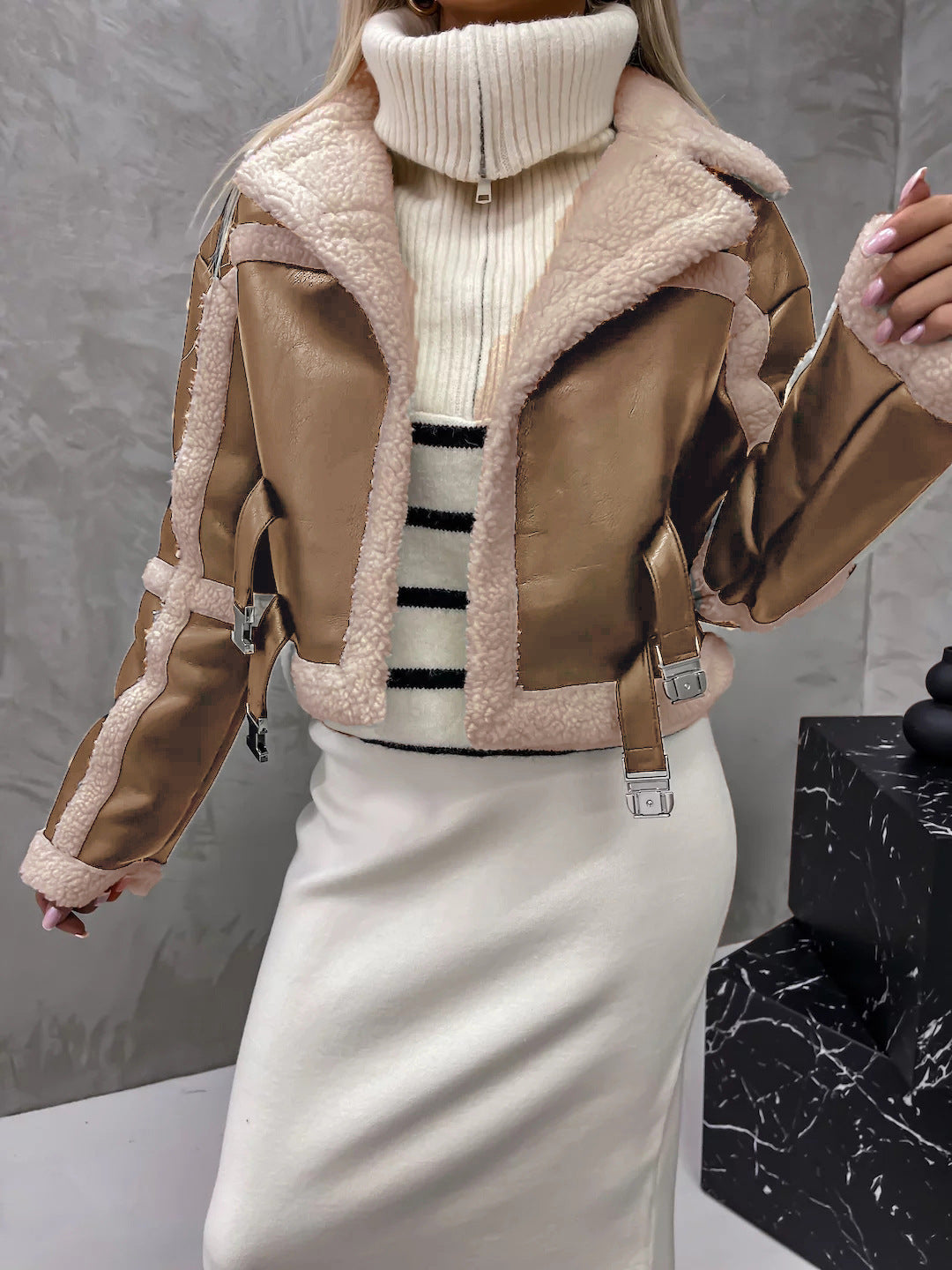 Dam Pälsjacka Fuskpäls Lång Ärmar Elegant Vinterkappa-4