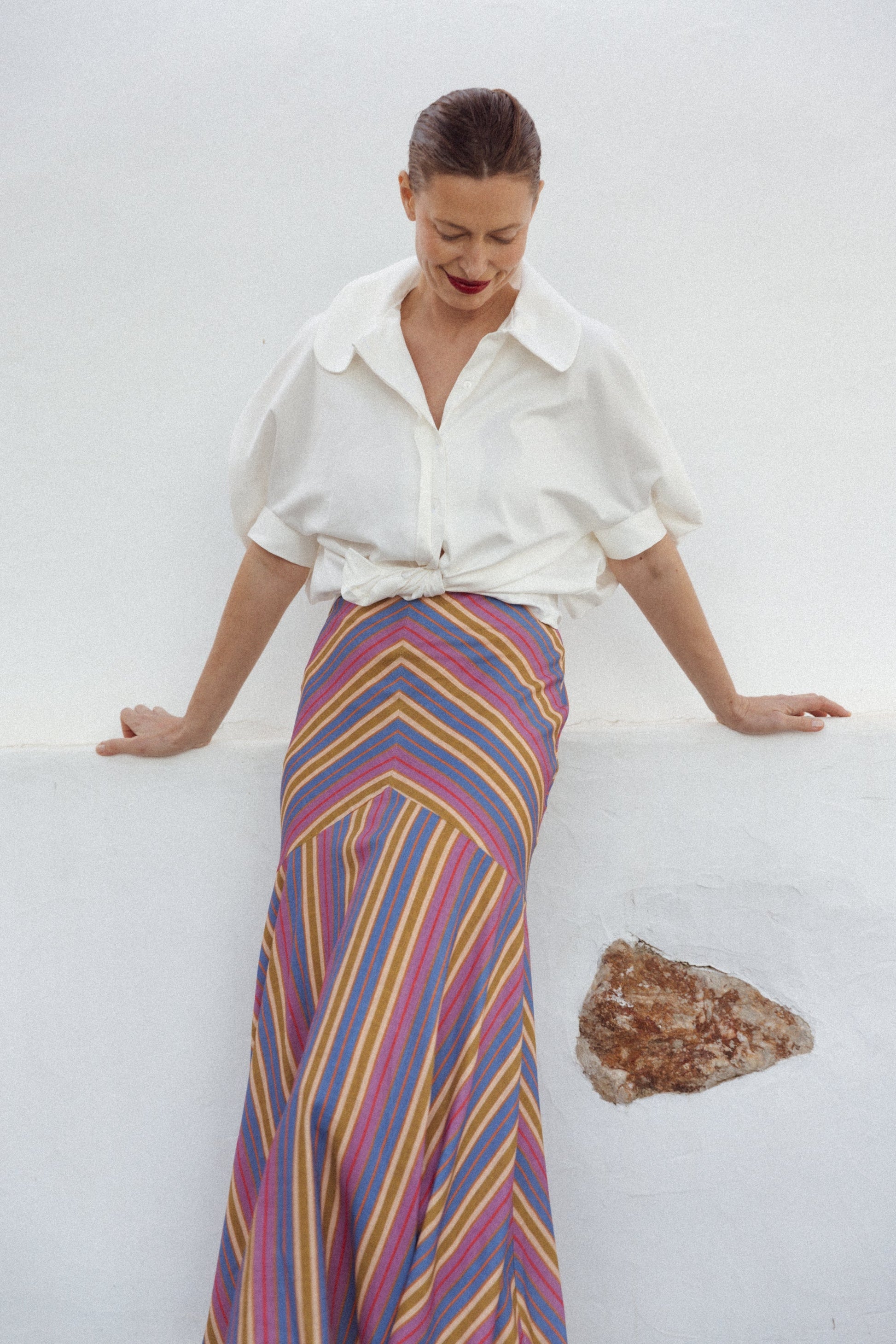 Lång Kjol Dam Linne Mörkblå och Mauve Luftig Design-4