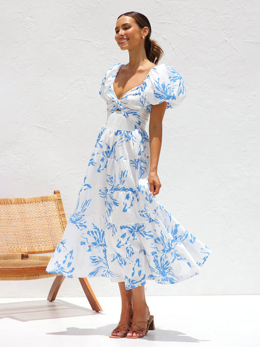 Midi-klänning för Damer med Puffärmar och Blommönster – Avslappnad Passform i Polyester, Perfekt för Sommarfester 1