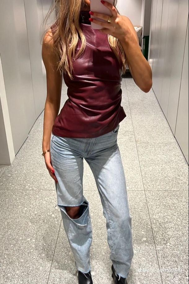 Dam Slim-Fit Top Läder Mjuk Yta-3